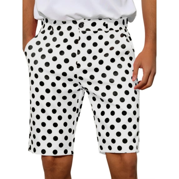 Unique Bargains Men's Polka Dots Shorts Straight Fit Comfort Flat Front Chino Shorts 28 White