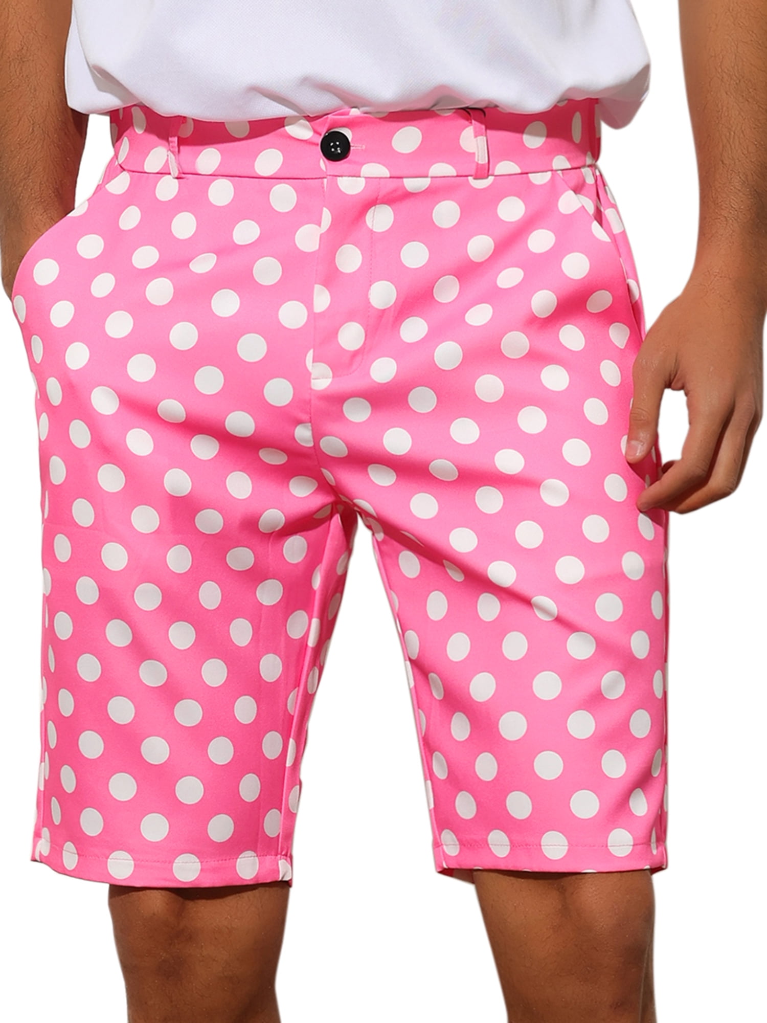 Unique Bargains Men's Polka Dots Shorts Straight Fit Comfort Flat Front Chino Shorts 34 Pink