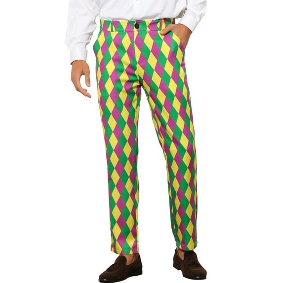 Unique Bargains Men's Printed Dress Pants Flat Front Business Suit Trousers 32 Green Purple