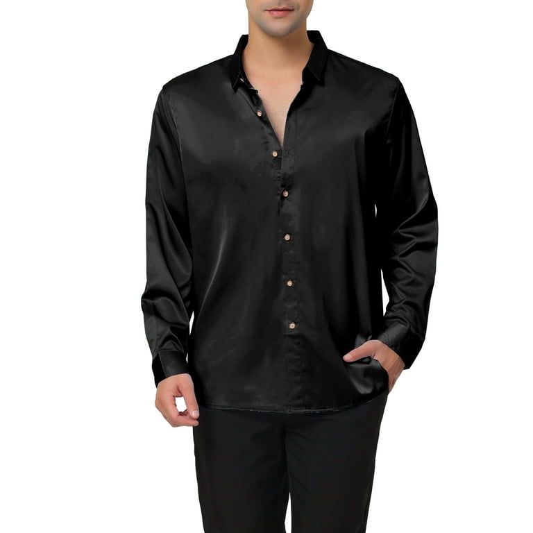 Unique Bargains Men s Prom Satin Long Sleeves Button Down Slim Fit