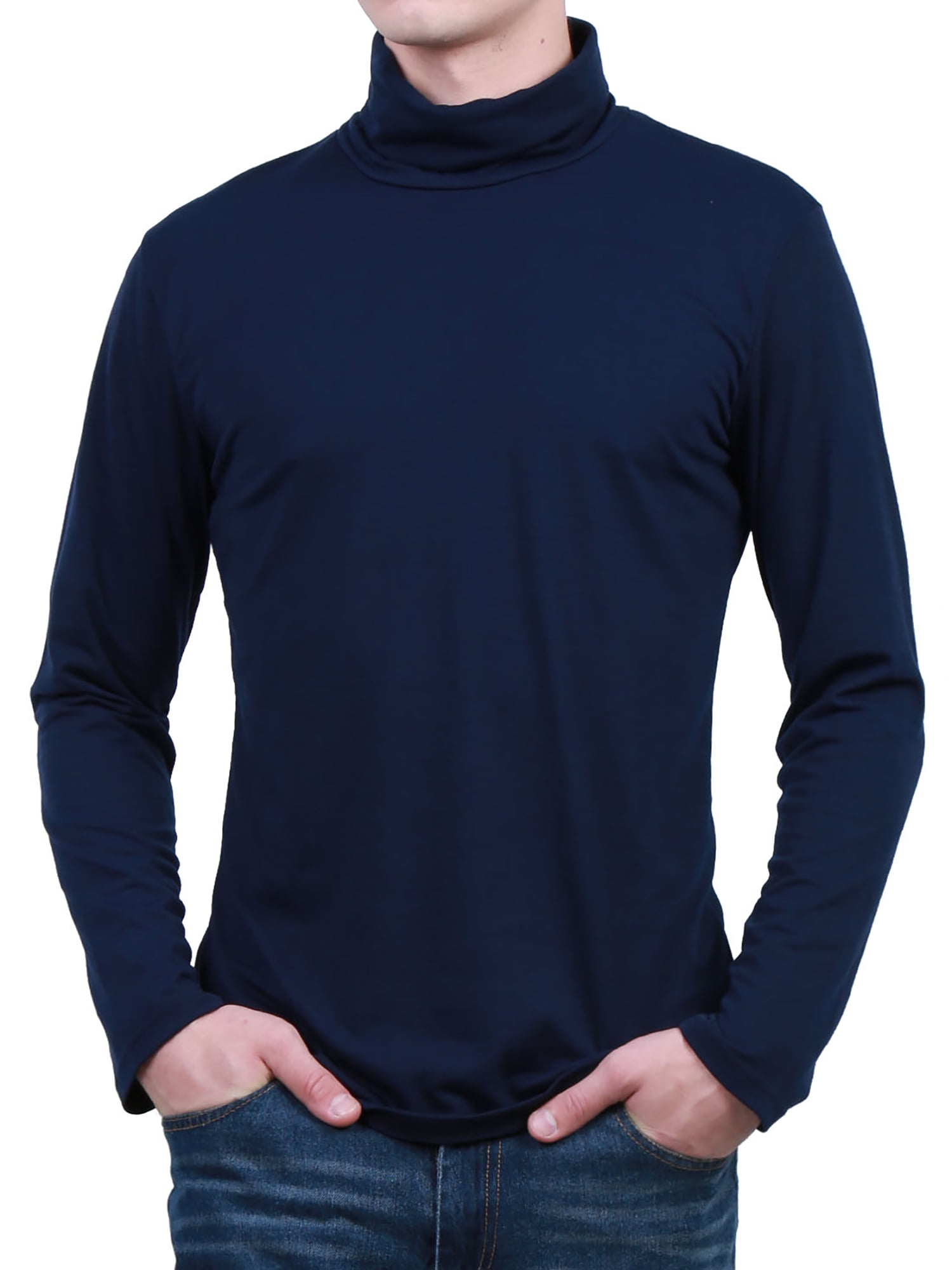 Unique Bargains Men's Pullover Lightweight Long Sleeve Top Turtleneck T-Shirt 34 Dark Blue
