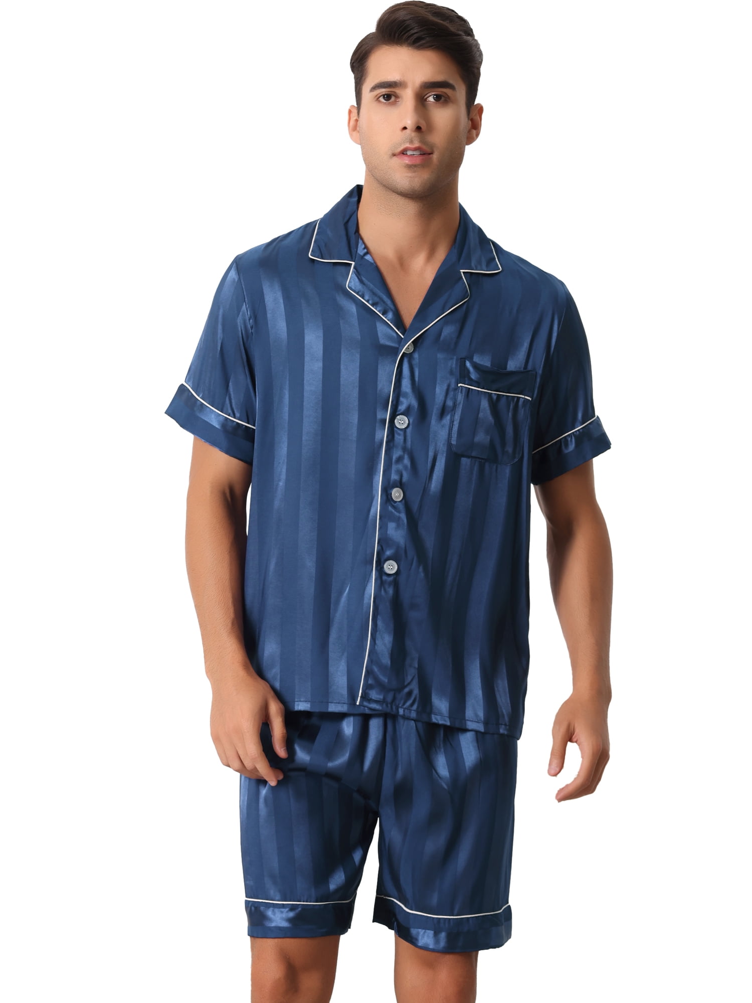 Unique Bargains Men's Satin Button Down Striped Short Sleeve Shorts Pajama Set M Blue