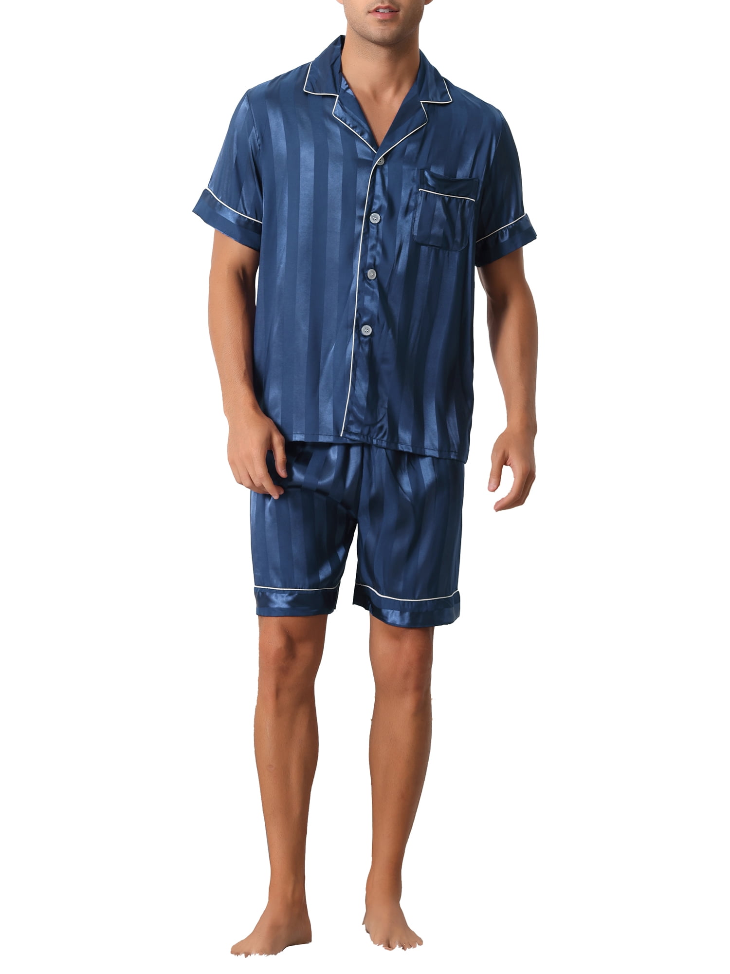 Unique Bargains Men's Satin Button Down Striped Short Sleeve Shorts Pajama Set S Blue