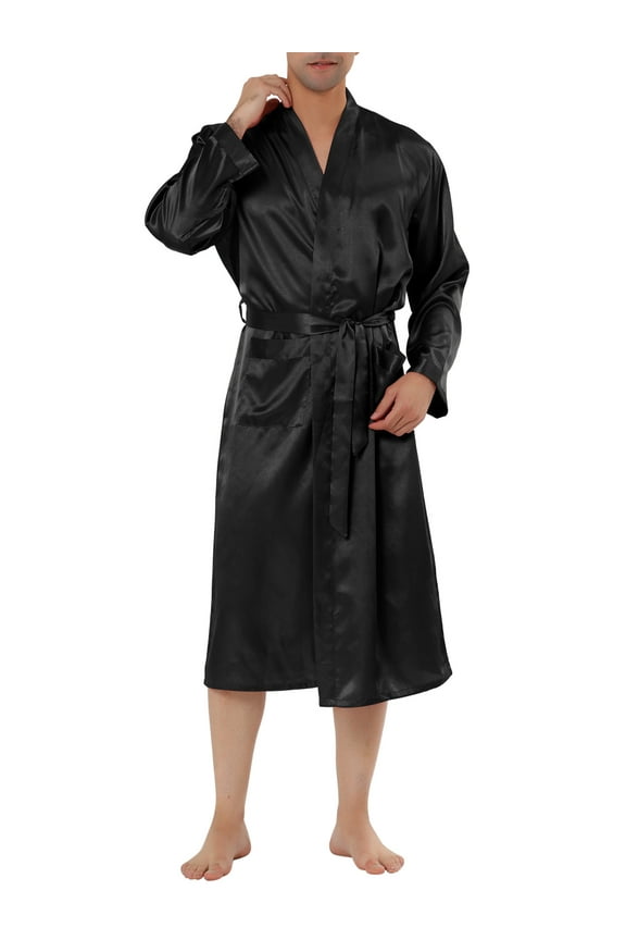 Men's Satin Robe Nightdress Long Sleeves Sleepwear Pajama Bathrobe M Black