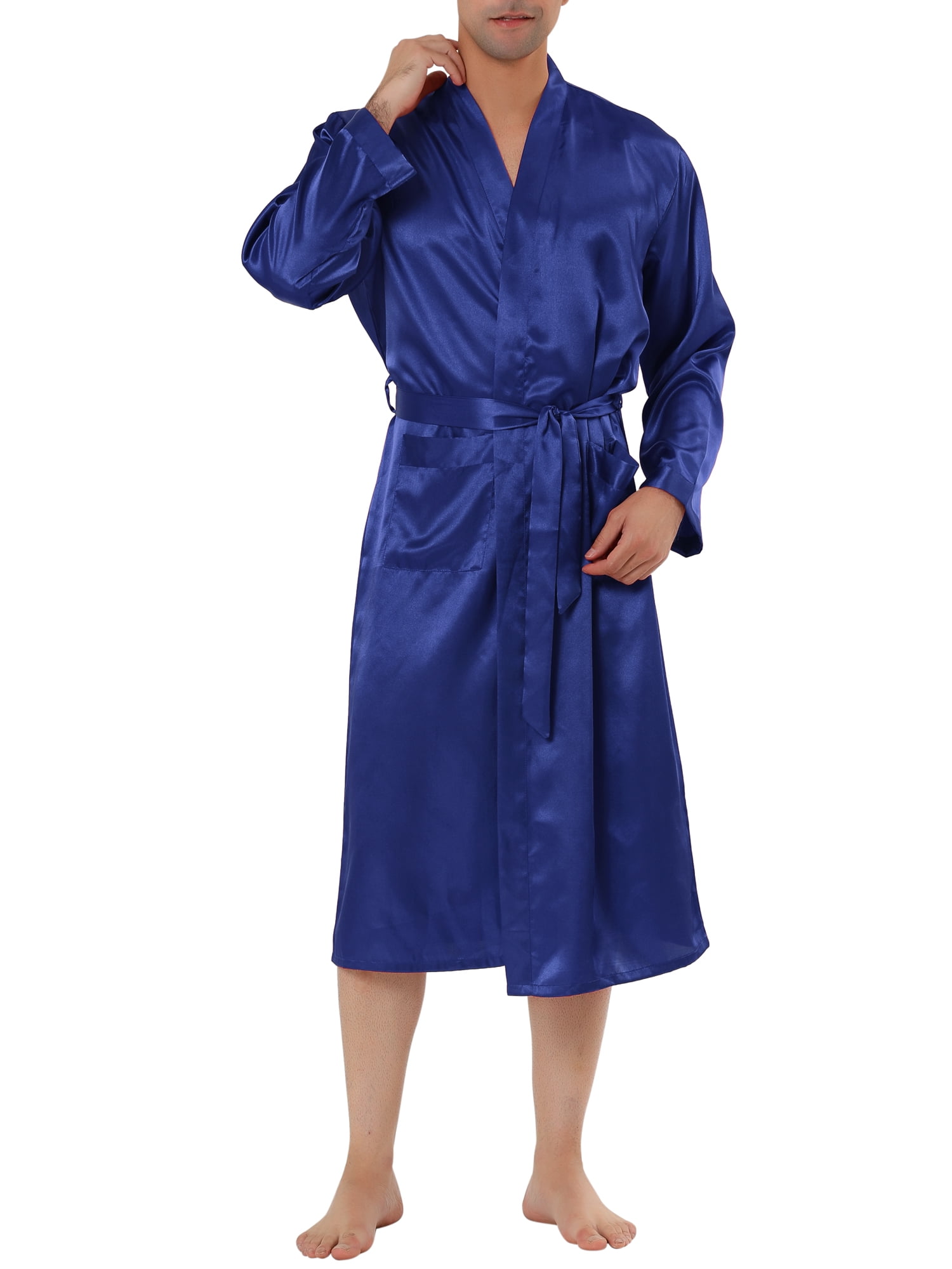 Unique Bargains Men's Satin Robe Nightdress Long Sleeves Sleepwear Pajama Bathrobe XL Blue