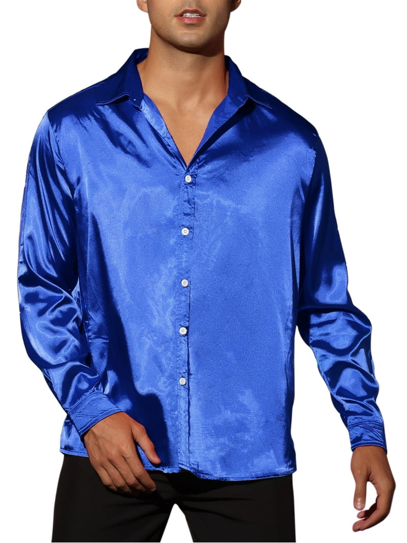 Unique Bargains Men's Satin V Neck Long Sleeve Dress Shirt 2XL