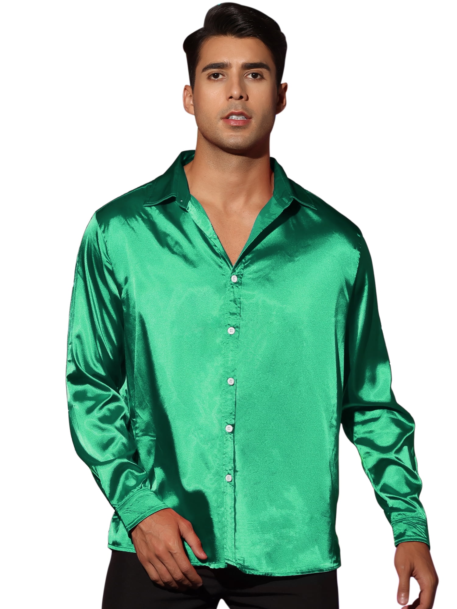 Unique Bargains Men's Satin V Neck Long Sleeves Button Down Prom Shirts 2XL Green