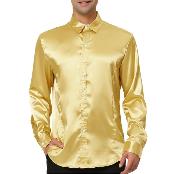 Unique Bargains Men's Satin V Neck Long Sleeves Button Down Prom Shirts L Yellow