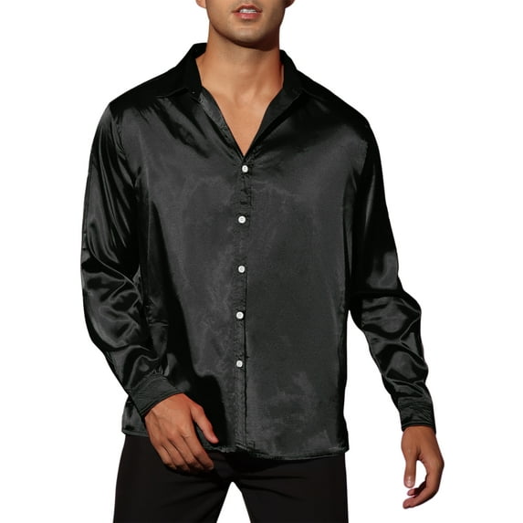 Unique Bargains Men's Satin V Neck Long Sleeves Button Down Prom Shirts M Black