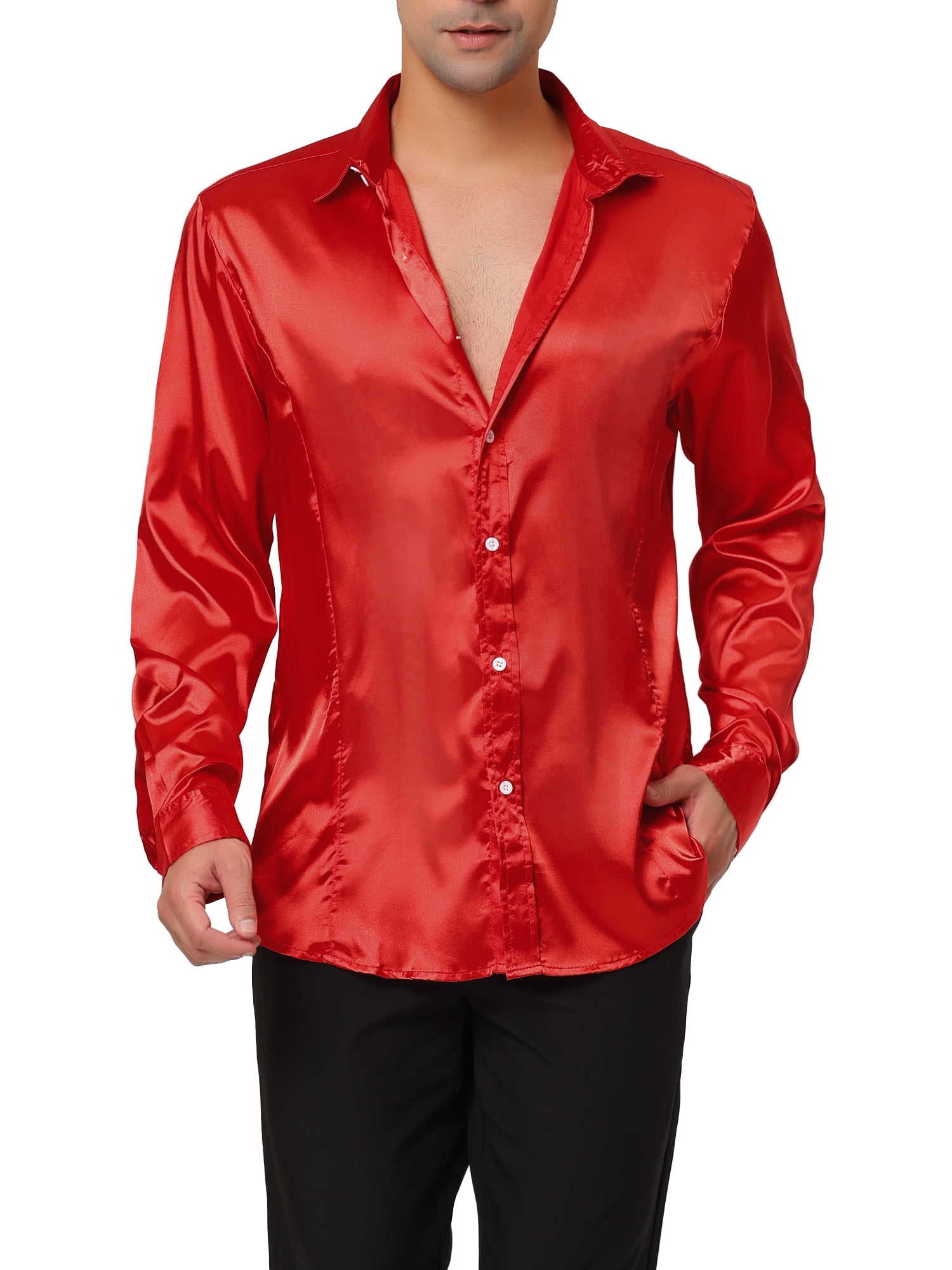 Unique Bargains Men's Satin V Neck Long Sleeves Button Down Prom Shirts M Bright Red