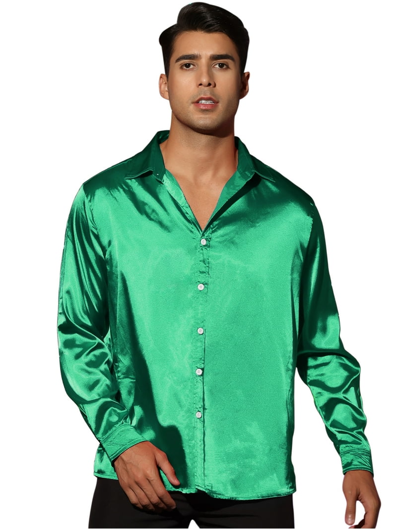 Unique Bargains Men's Satin V Neck Long Sleeves Button Down Prom Shirts XL Green