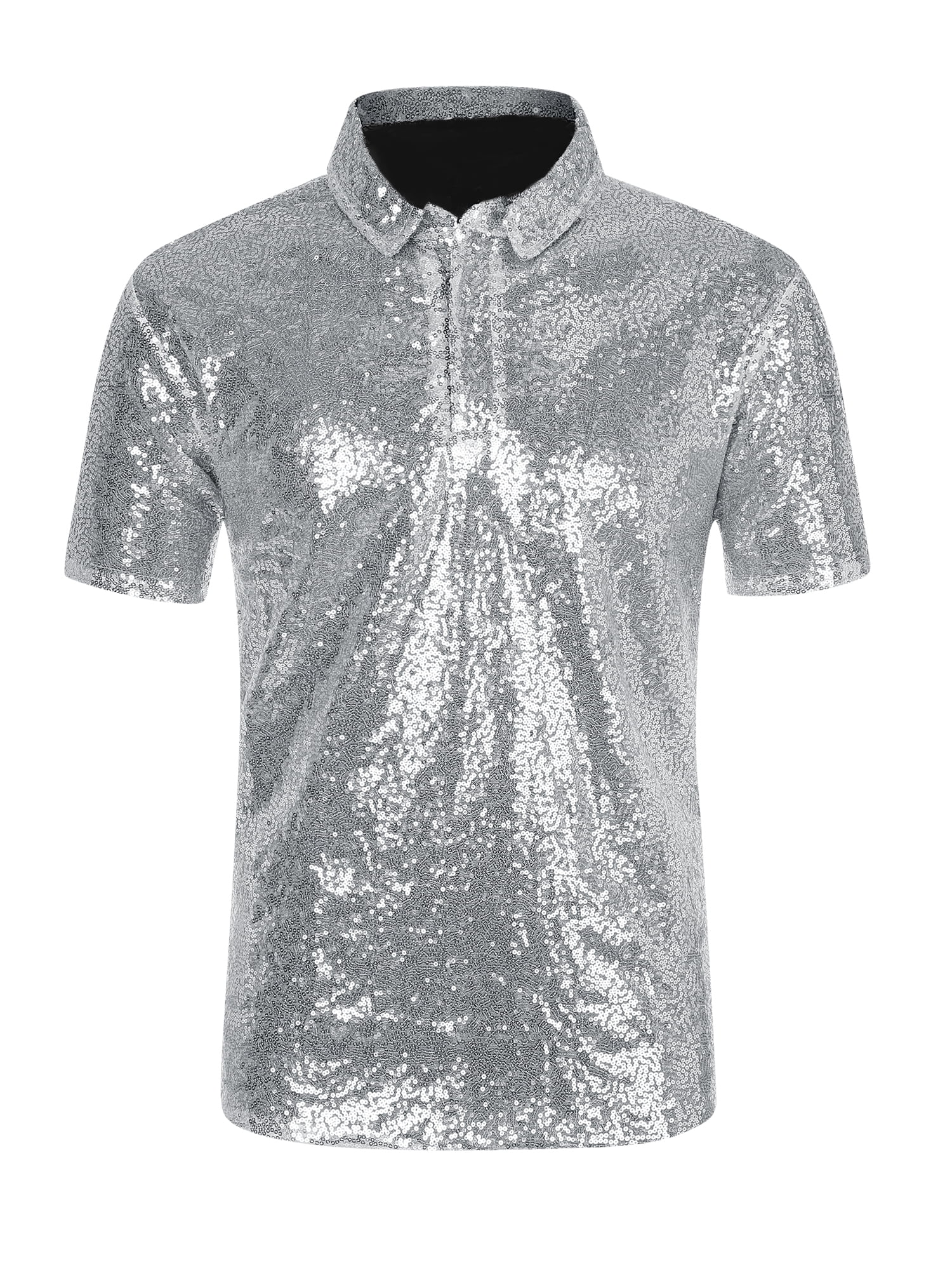 Unique Bargains Men's Sequin Polo Sparkle Short Sleeves Club Party Shiny Golf Shirts L Silver