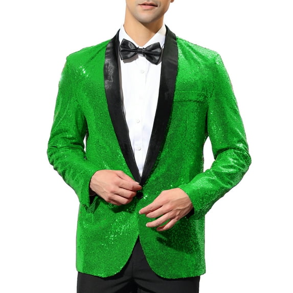 Unique Bargains Men's Sequin Sport Coats Shawl Lapel One Button Wedding Shiny Blazer L Green