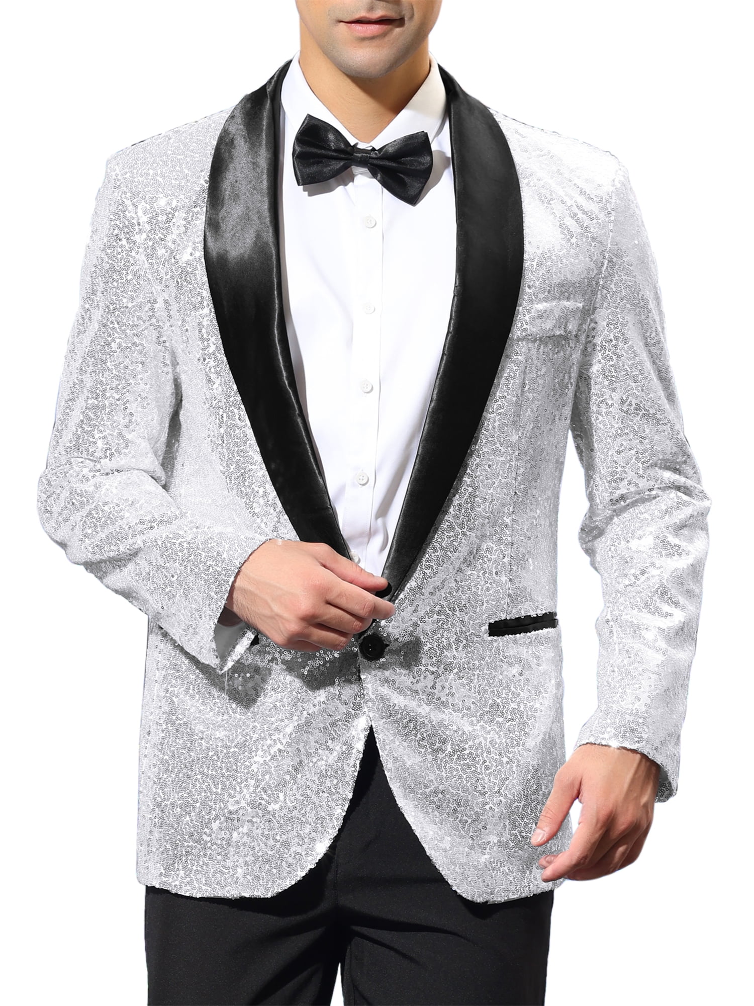 Unique Bargains Men's Sequin Sport Coats Shawl Lapel One Button Wedding Shiny Blazer L Silver