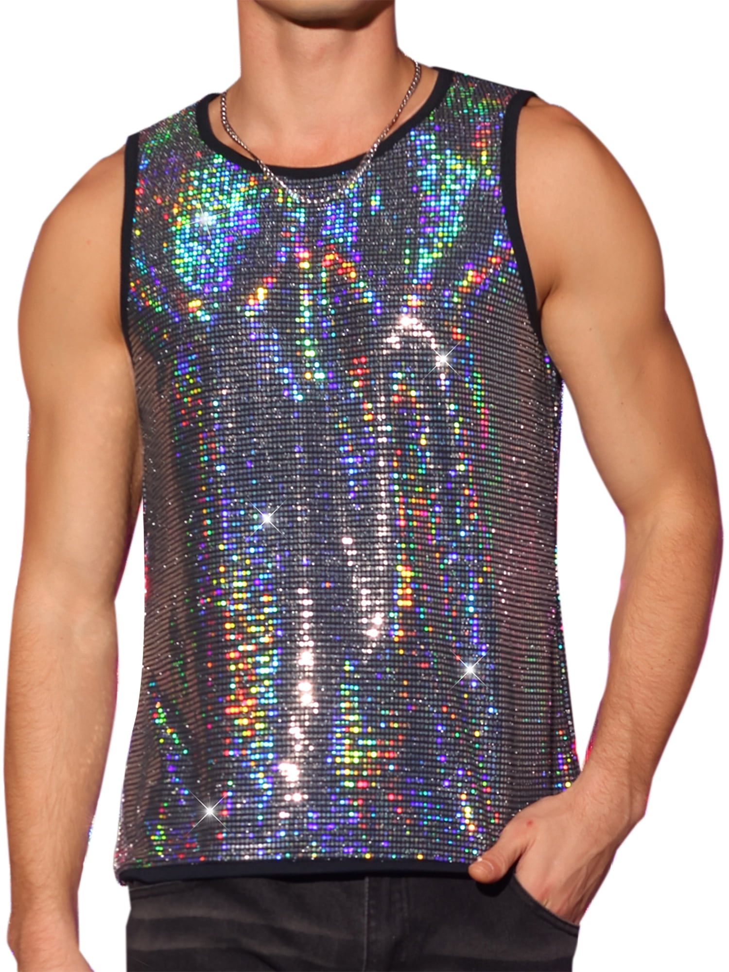 DARING DIVA Men's Sequin Tank Top Metallic Sparkle Glitter Sleeveless Tank Vest S Silver