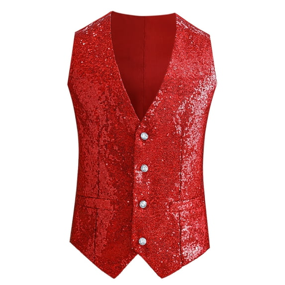 Unique Bargains Men's Sequin V-Neck Sleeveless Disco Sparkly Waistcoat Suit Vest S Red