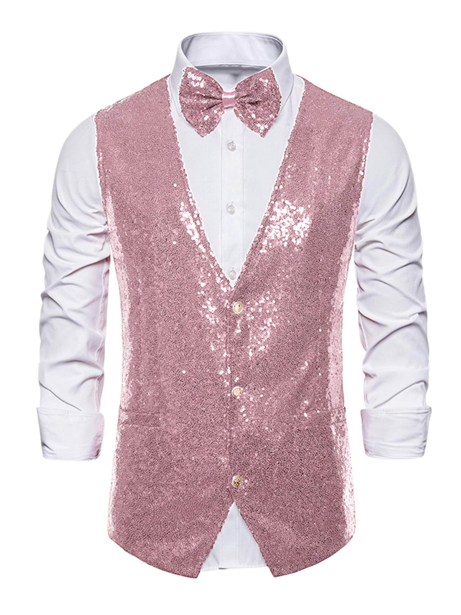 Unique Bargains Men's Sequin Waistcoat Sleeveless Dress Suit Vest with Bow Tie L Pink