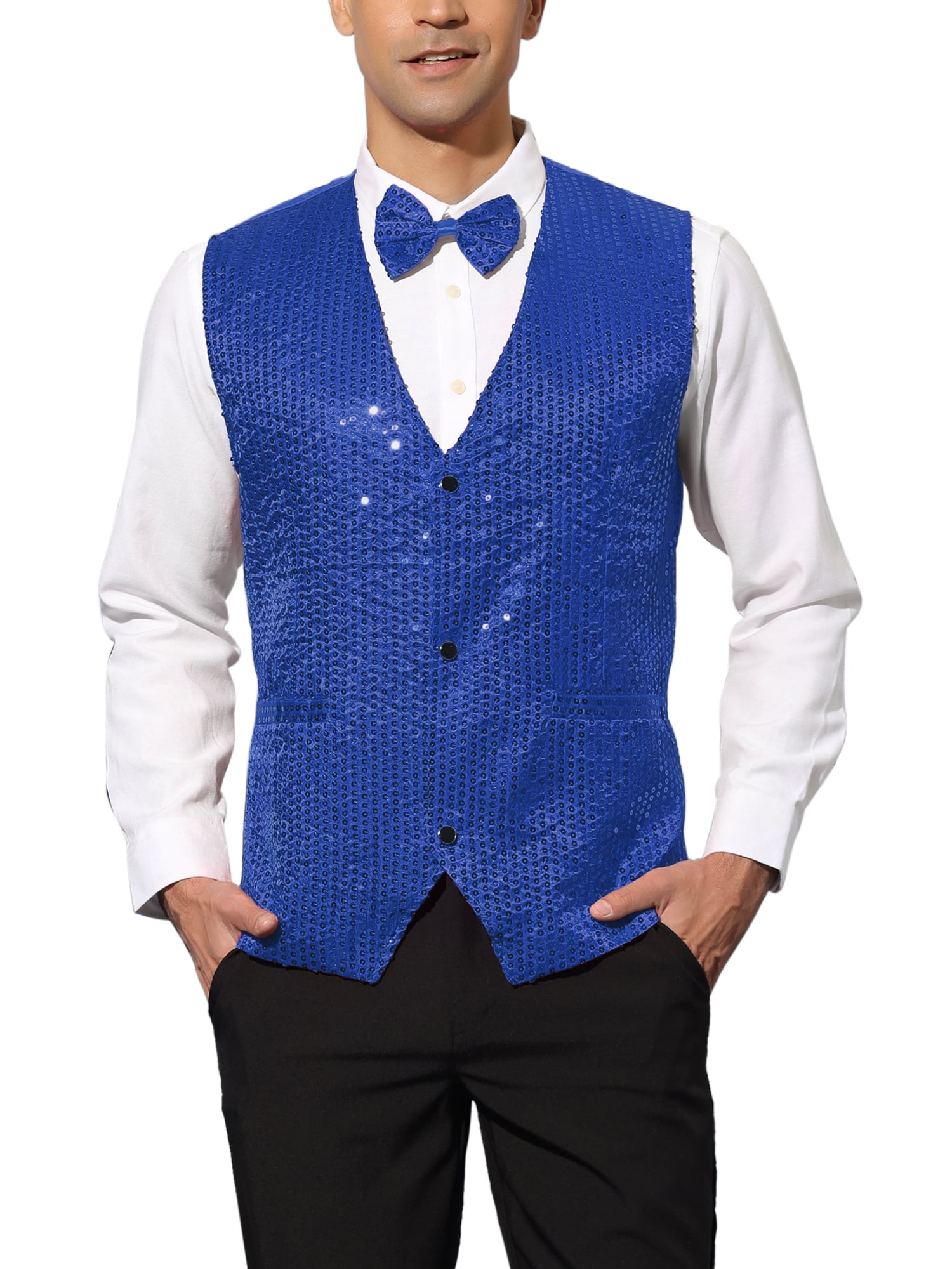 Unique Bargains Men s Sequin Waistcoat Sleeveless Dress Suit Vest