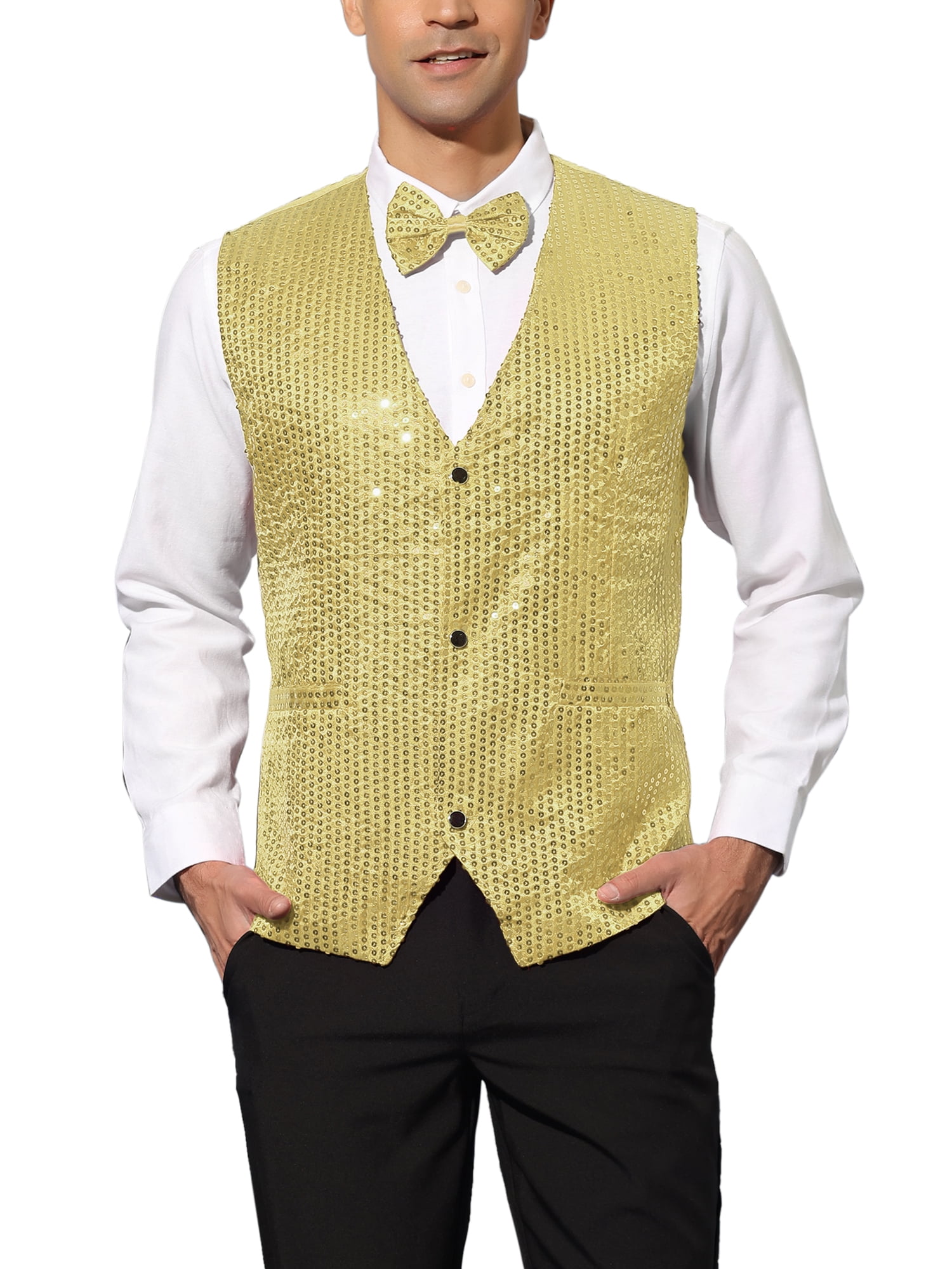 Unique Bargains Men's Sequin Sleeveless Dress Suit Vest with Bow Tie Gold  Party Costume - Walmart.com