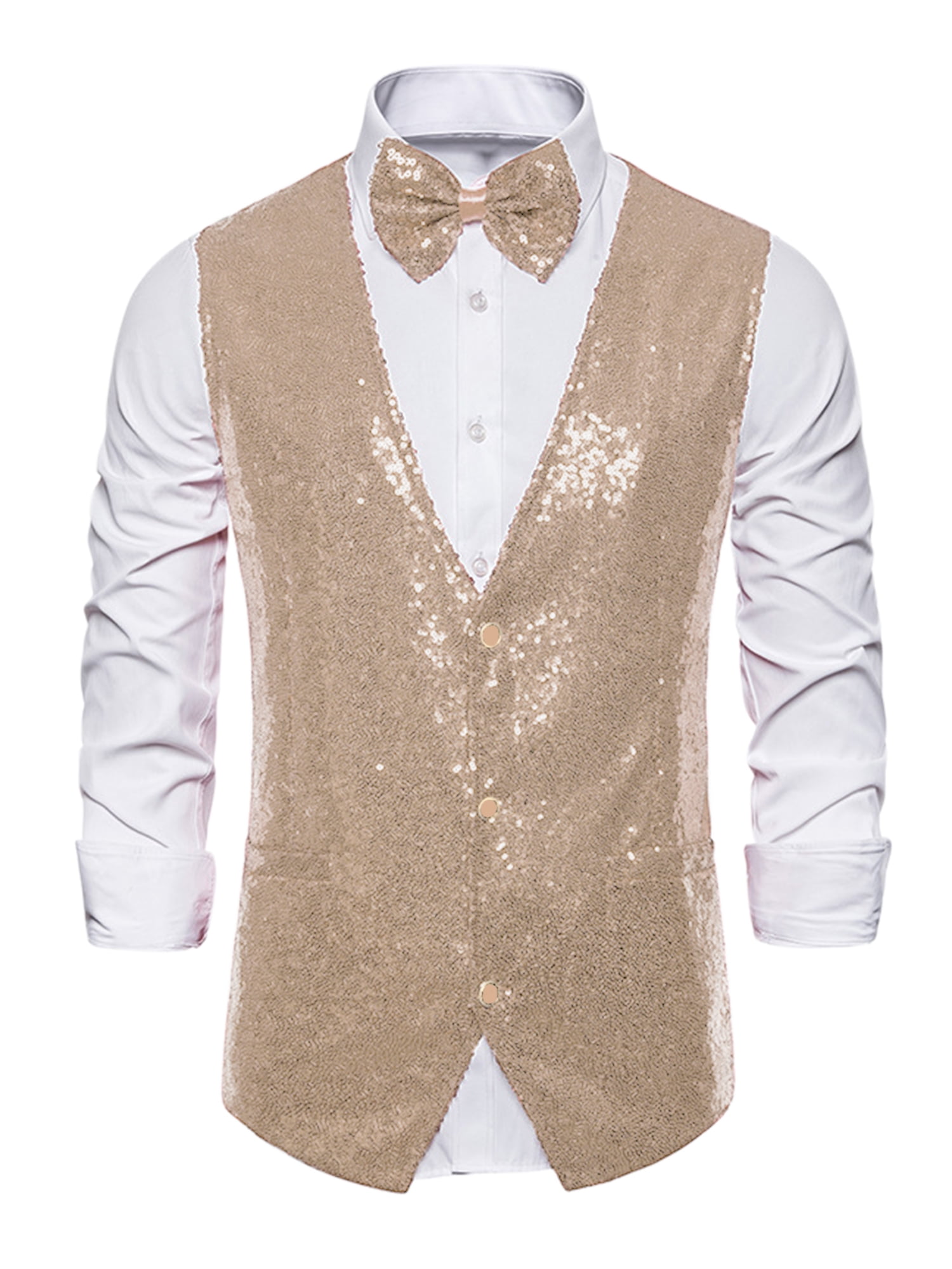 Unique Bargains Men's Sequin Waistcoat Sleeveless Dress Suit Vest with Bow Tie XL Champagne