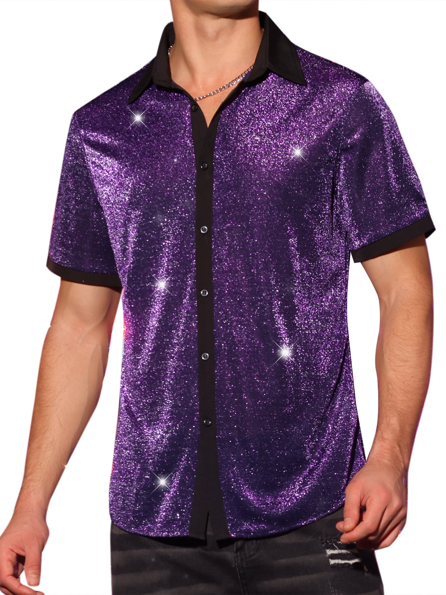 DARING DIVA Men's Metallic See Through Short Sleeves Disco Shiny Sheer Shirts XL Purple