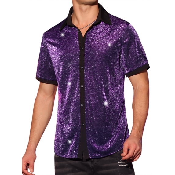 DARING DIVA Men's Metallic See Through Short Sleeves Disco Shiny Sheer Shirts XL Purple