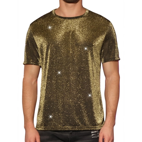 Unique Bargains Men's Sheer Mesh T-Shirts Short Sleeves See Through Party Disco Tee S Golden