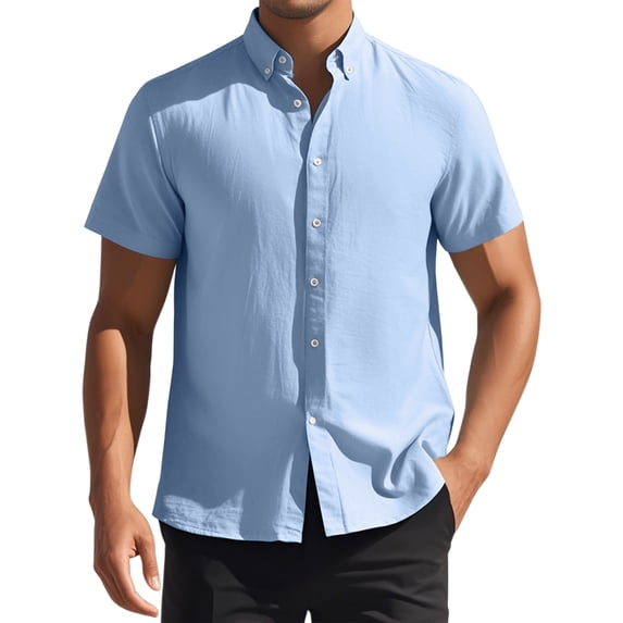 Unique Bargains Men's Short Sleeve Cotton Regular Fit Button Down Formal Shirt L Blue