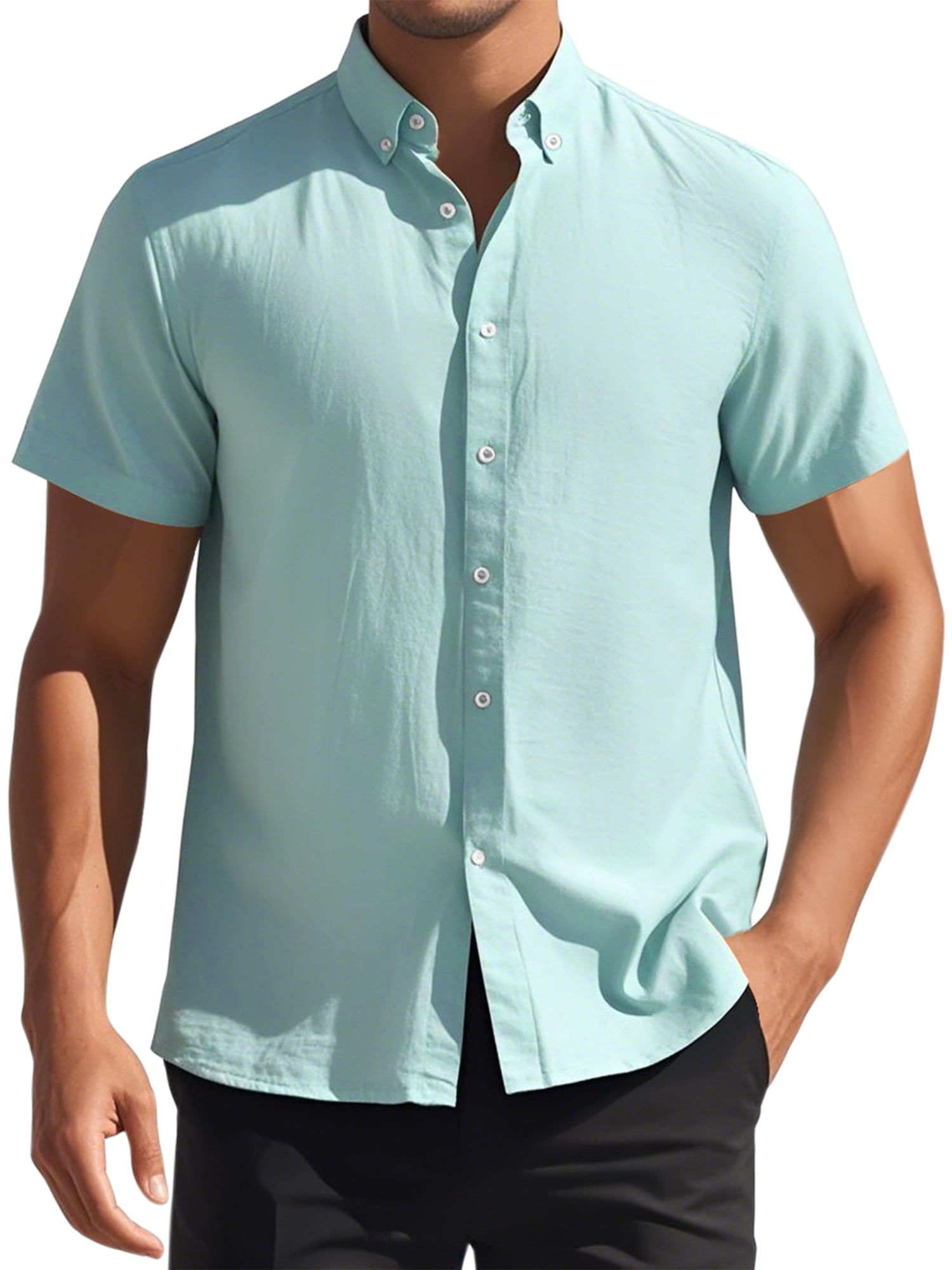 Unique Bargains Men's Short Sleeve Cotton Regular Fit Button Down Formal Shirt M Green