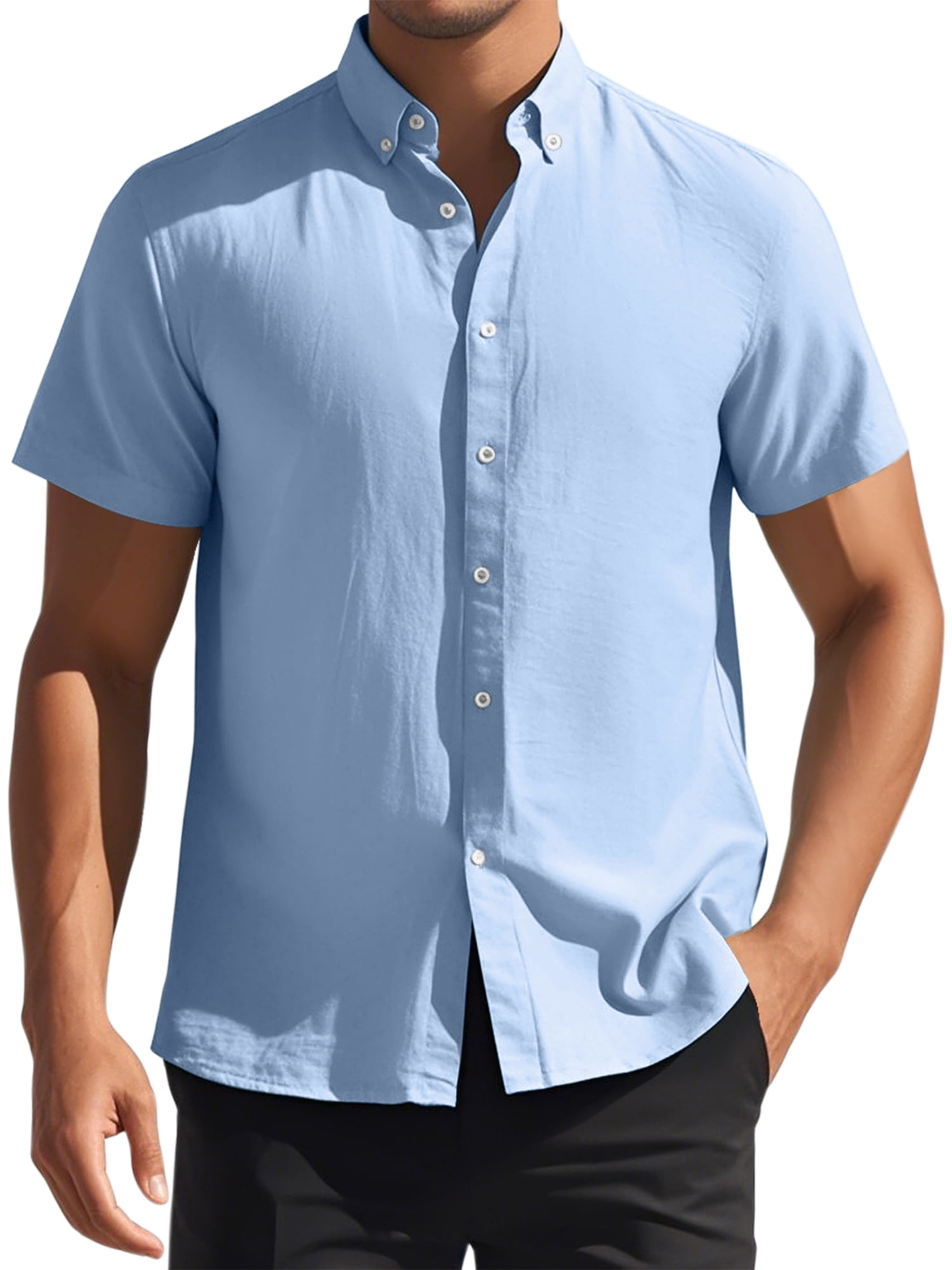 Unique Bargains Men's Short Sleeve Cotton Regular Fit Button Down Formal Shirt XL Blue