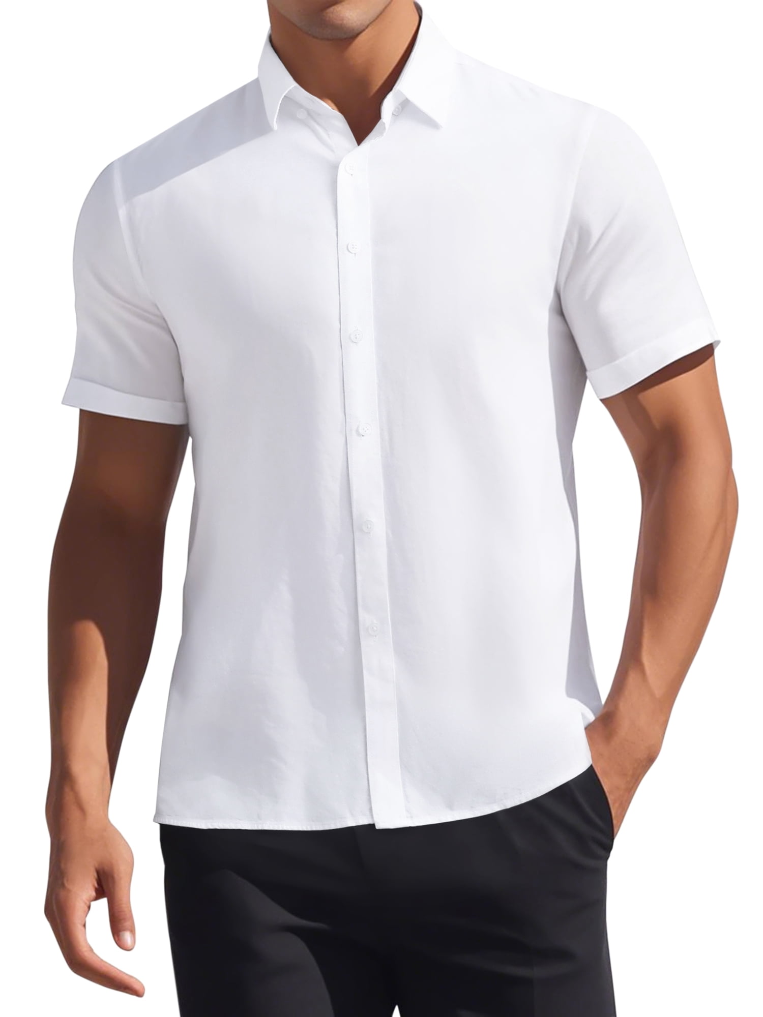Unique Bargains Men's Short Sleeve Cotton Regular Fit Button Down Formal Shirt XXL White