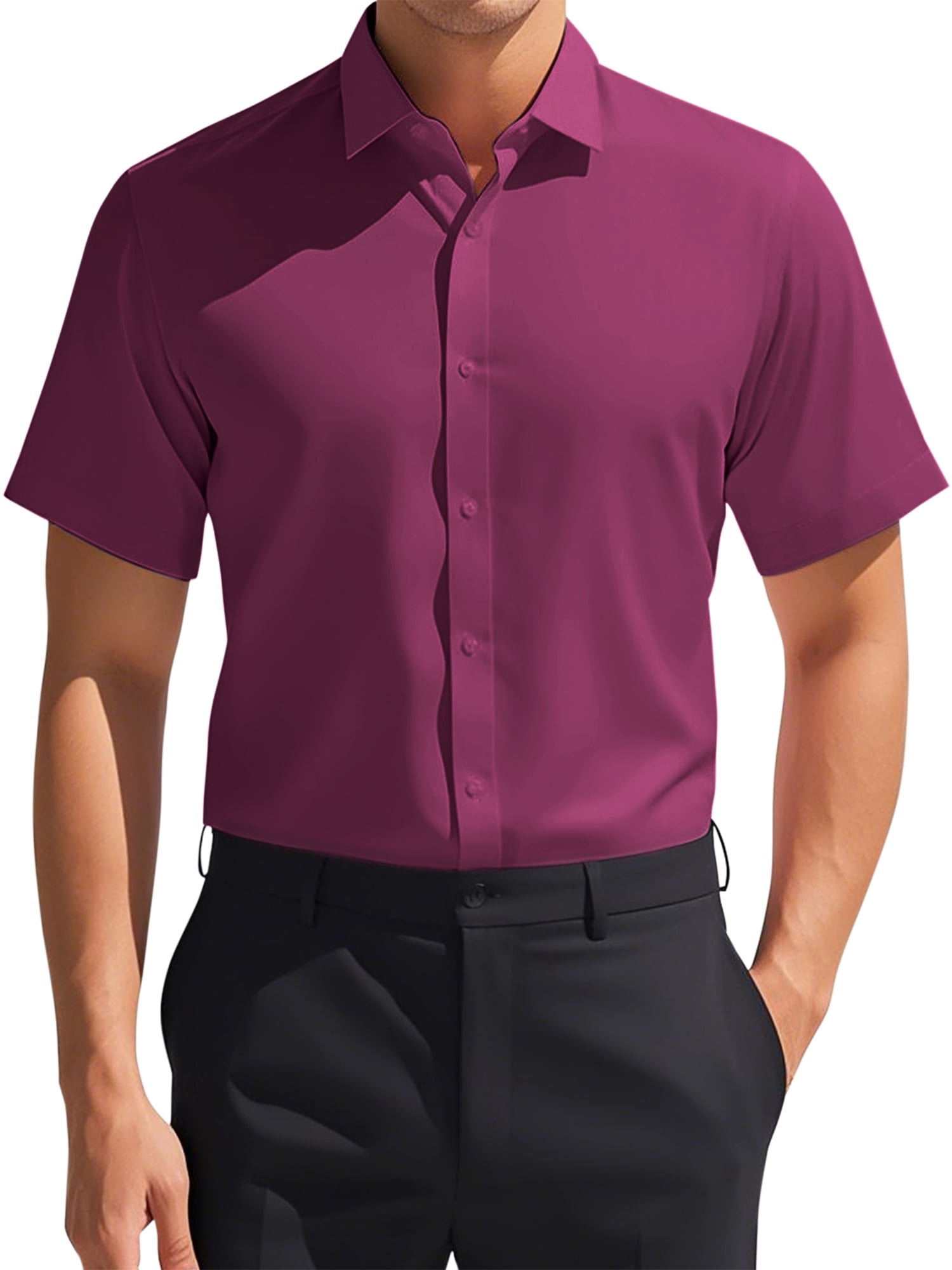 Unique Bargains Men's Short Sleeve Lightweight Business Button Down Shirt L Burgundy