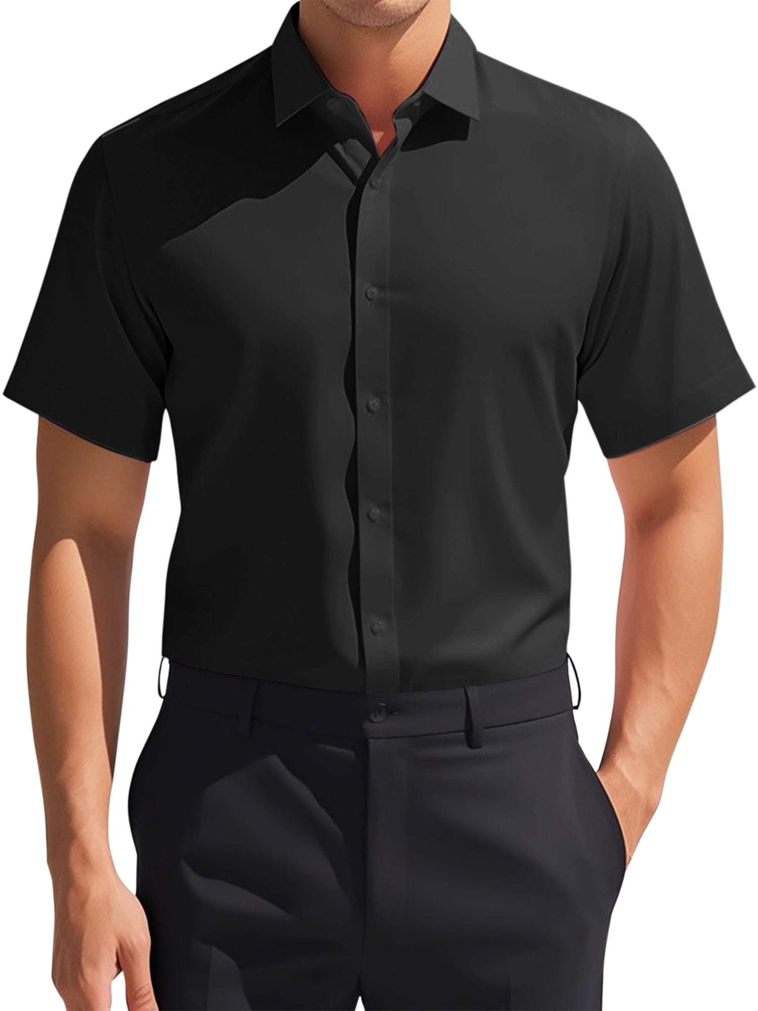 Unique Bargains Men's Short Sleeve Lightweight Business Formal Button Down Shirt XL Black