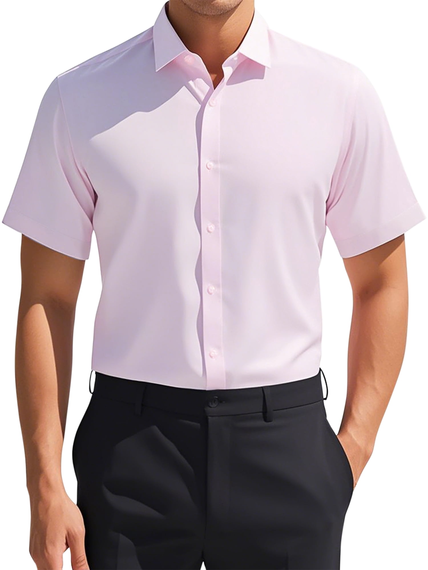 Unique Bargains Men's Short Sleeve Lightweight Business Formal Button Down Shirt XXL Pink