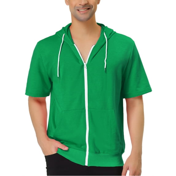 Unique Bargains Men's Short Sleeve Solid Color Zip Up Sport Hoodies 2XL Bright Green