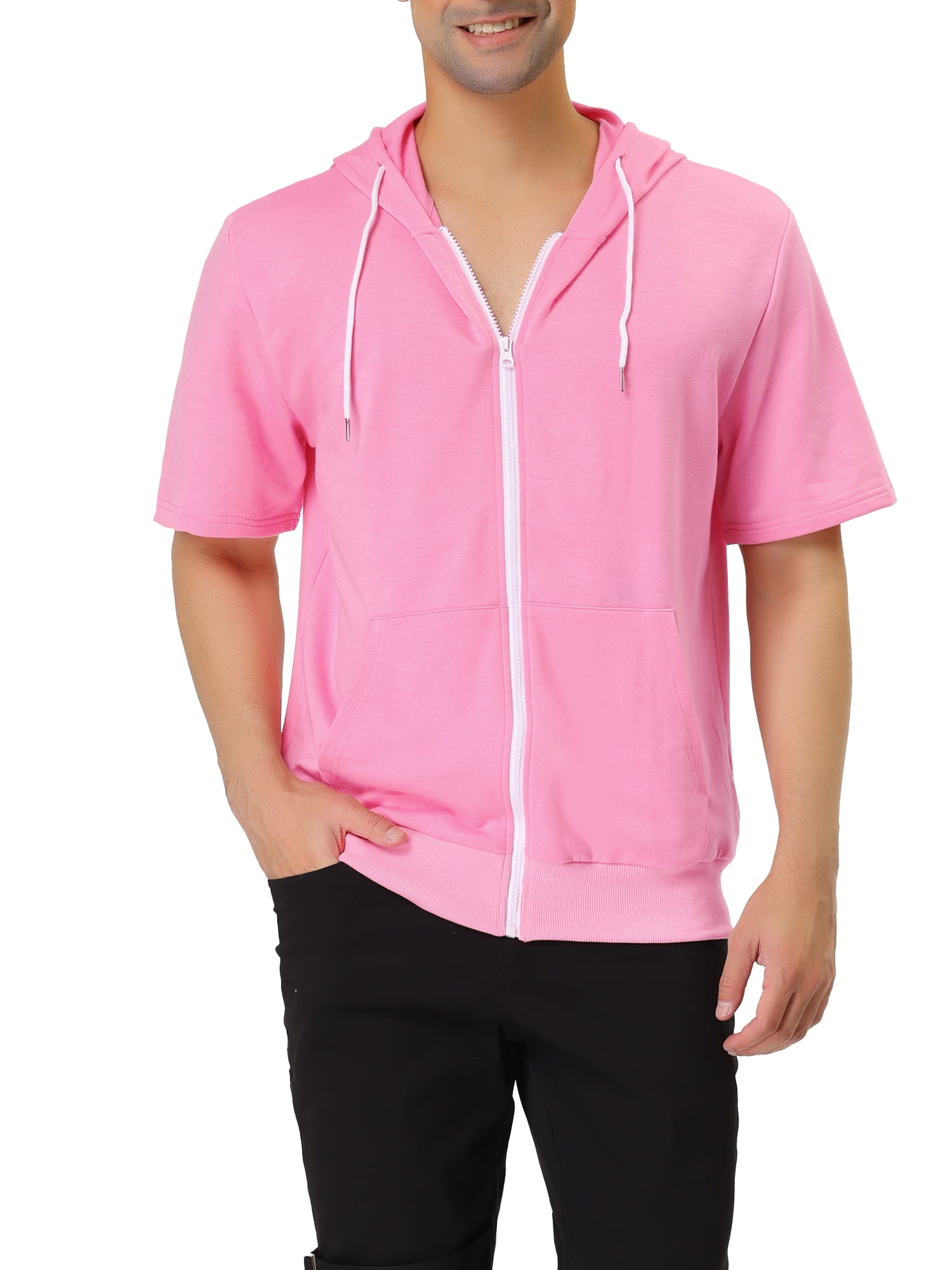 Unique Bargains Men's Short Sleeve Solid Color Zip Up Sport Hoodies 2XL Pink