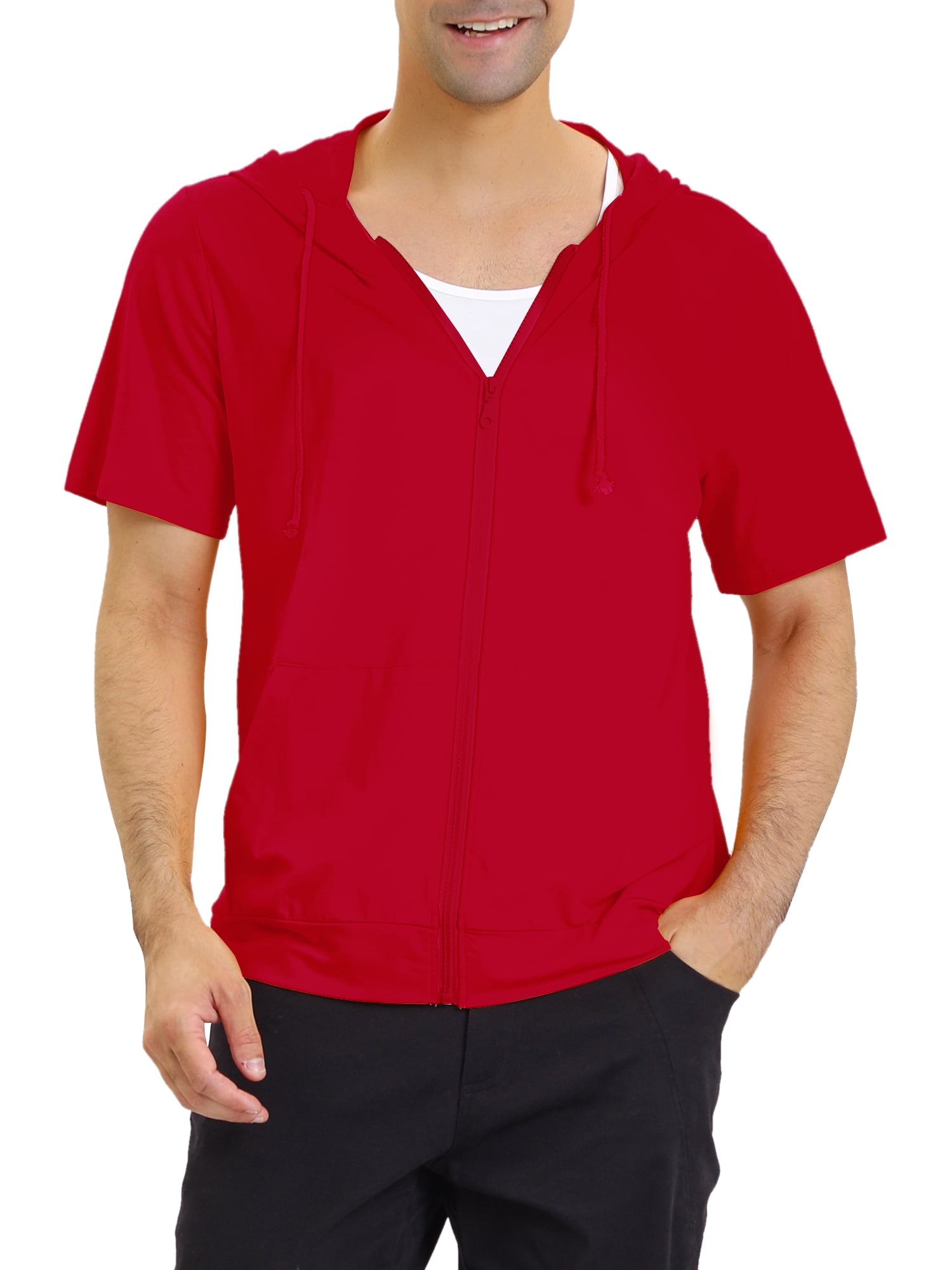 Unique Bargains Men's Short Sleeve Solid Color Zip Up Sport Hoodies 2XL Red