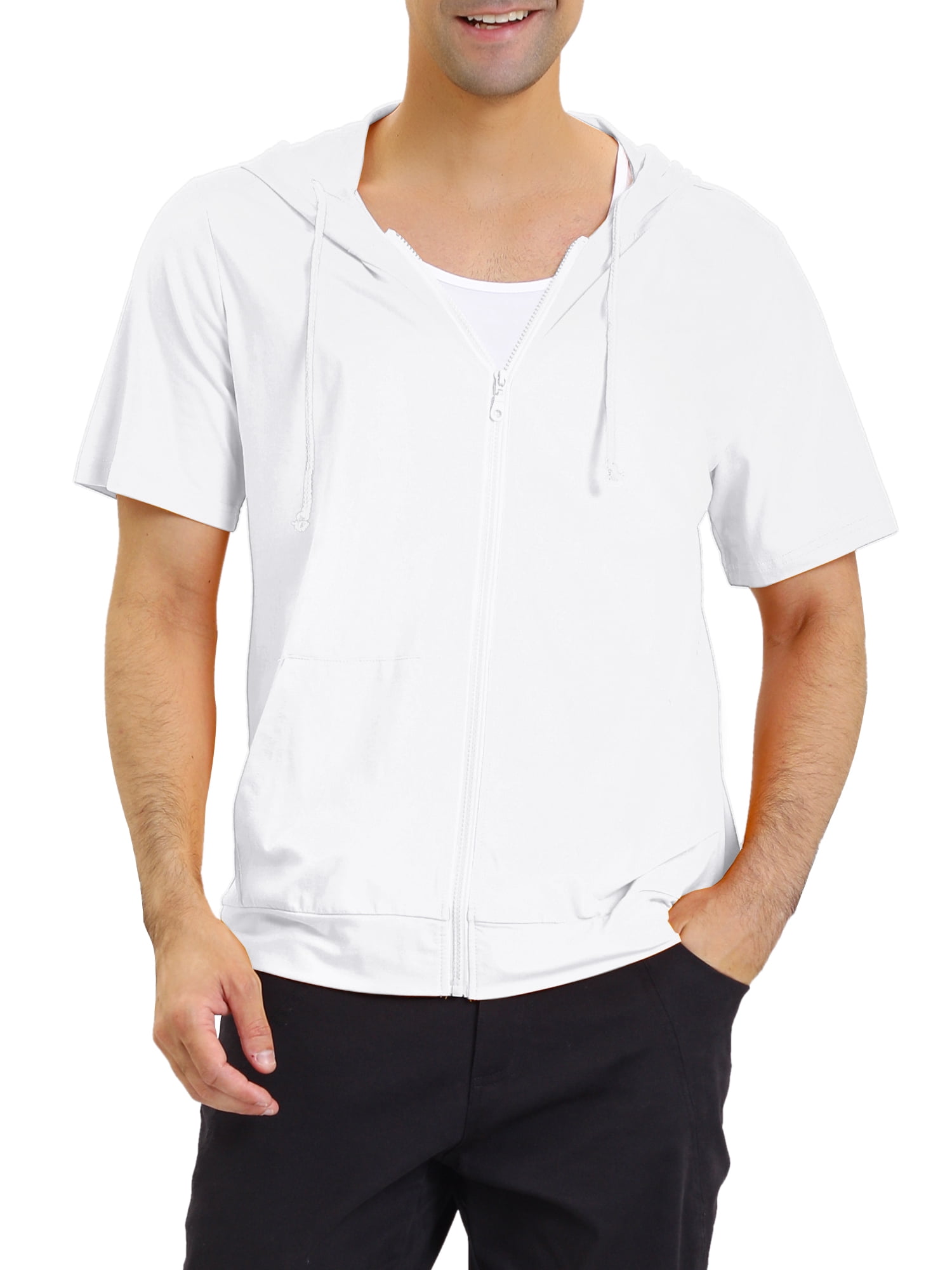 Unique Bargains Men's Short Sleeve Solid Color Zip Up Sport Hoodies 2XL White