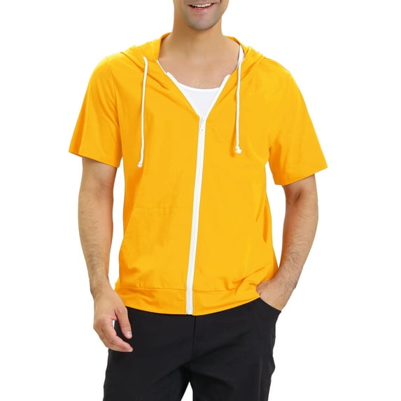 Unique Bargains Men's Short Sleeve Solid Color Zip Up Sport Hoodies 2XL Yellow
