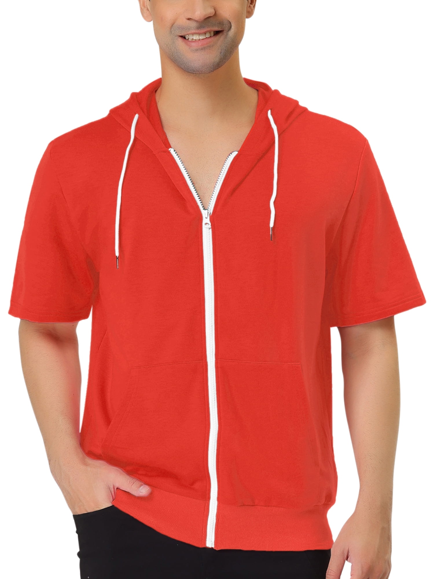 Unique Bargains Men's Short Sleeve Solid Color Zip Up Sport Hoodies L Bright Orange