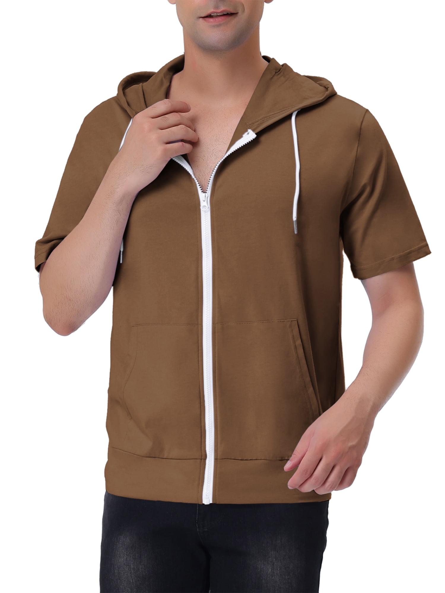 Unique Bargains Men's Short Sleeve Solid Color Zip Up Sport Hoodies L Brown