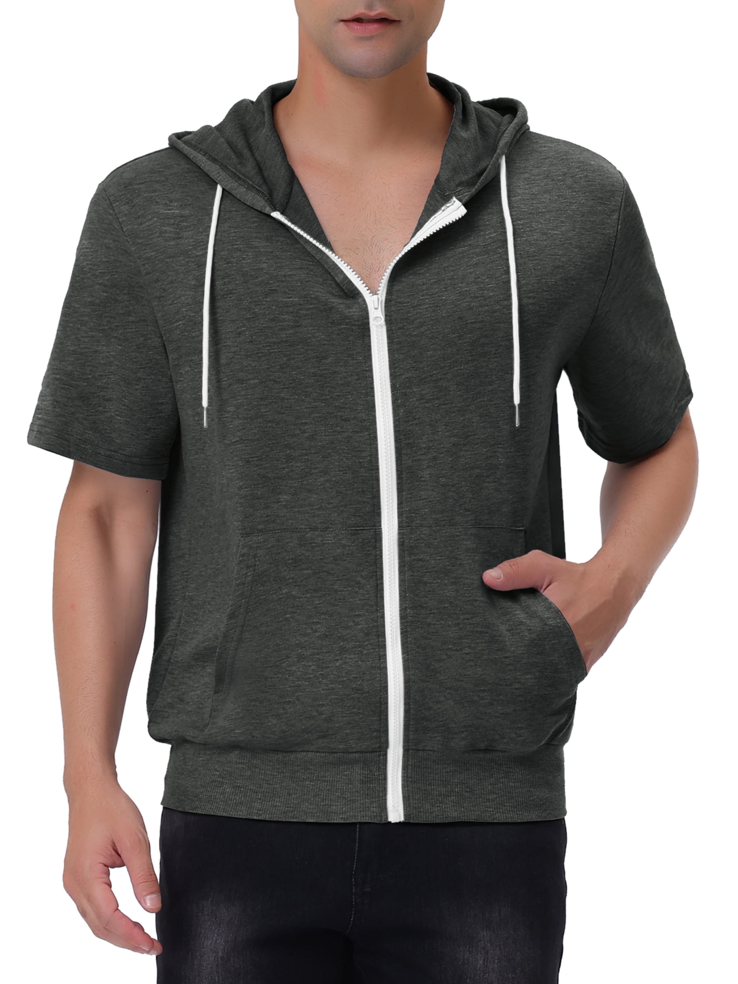 Unique Bargains Men's Short Sleeve Solid Color Zip Up Sport Hoodies L Dark Gray