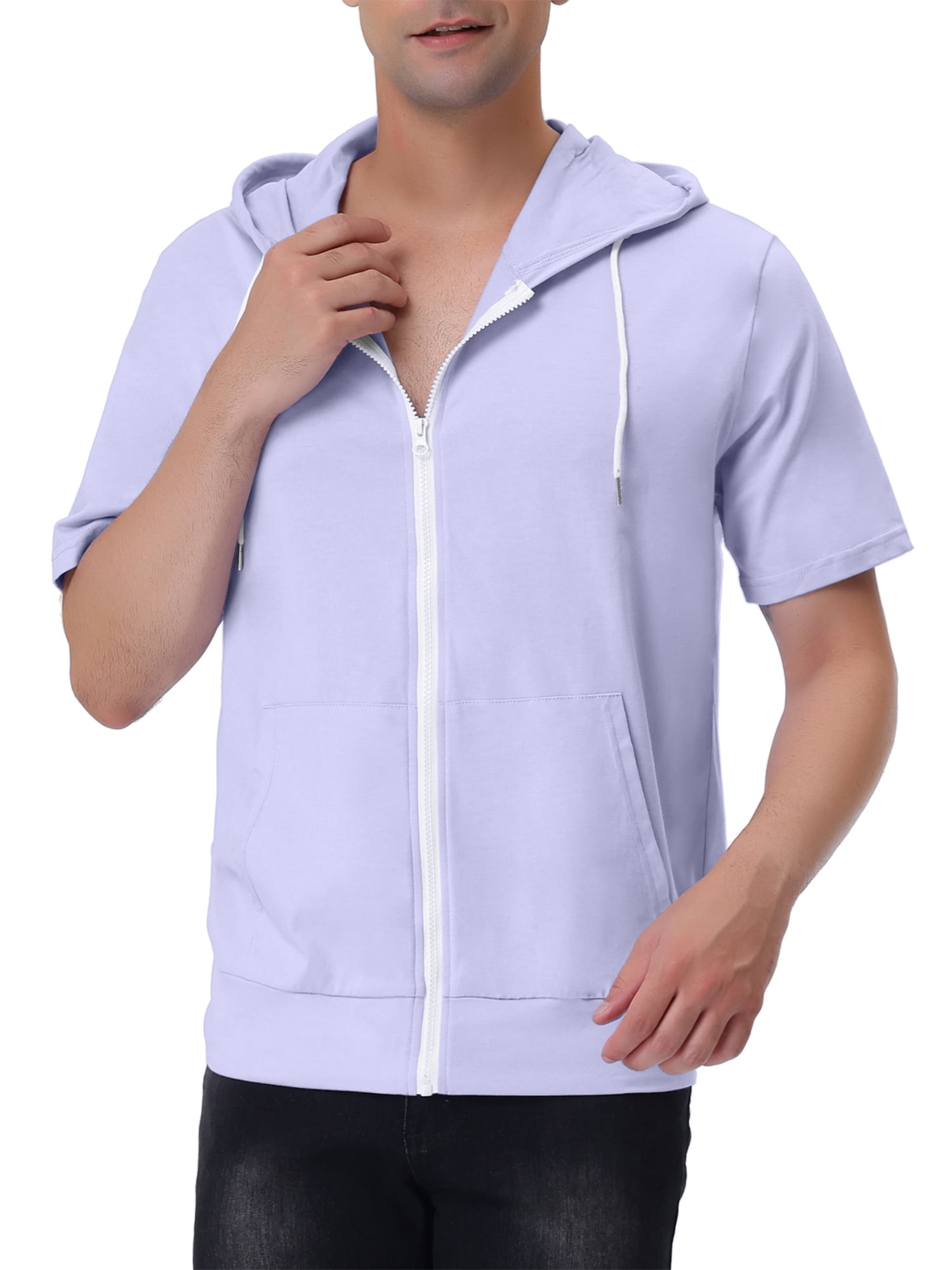 Unique Bargains Men's Short Sleeve Solid Color Zip Up Sport Hoodies L Light Purple