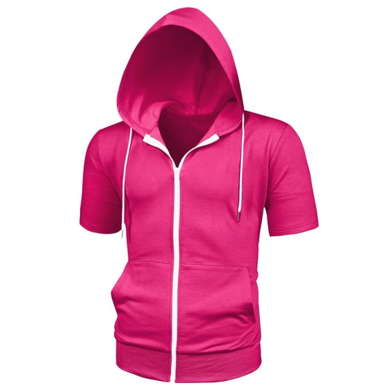 Unique Bargains Men's Short Sleeve Solid Color Zip Up Sport Hoodies L Rose Red