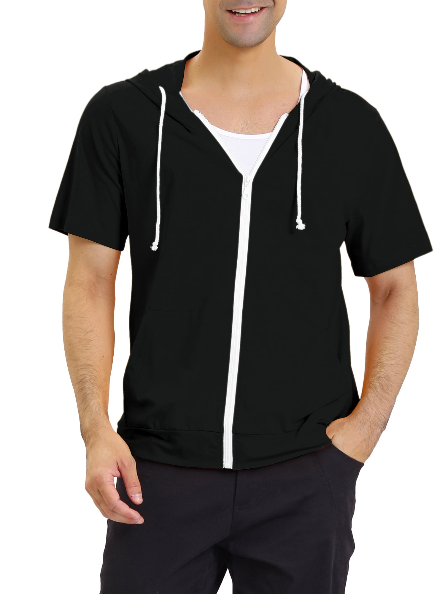 Unique Bargains Men's Short Sleeve Solid Color Zip Up Sport Hoodies M Black