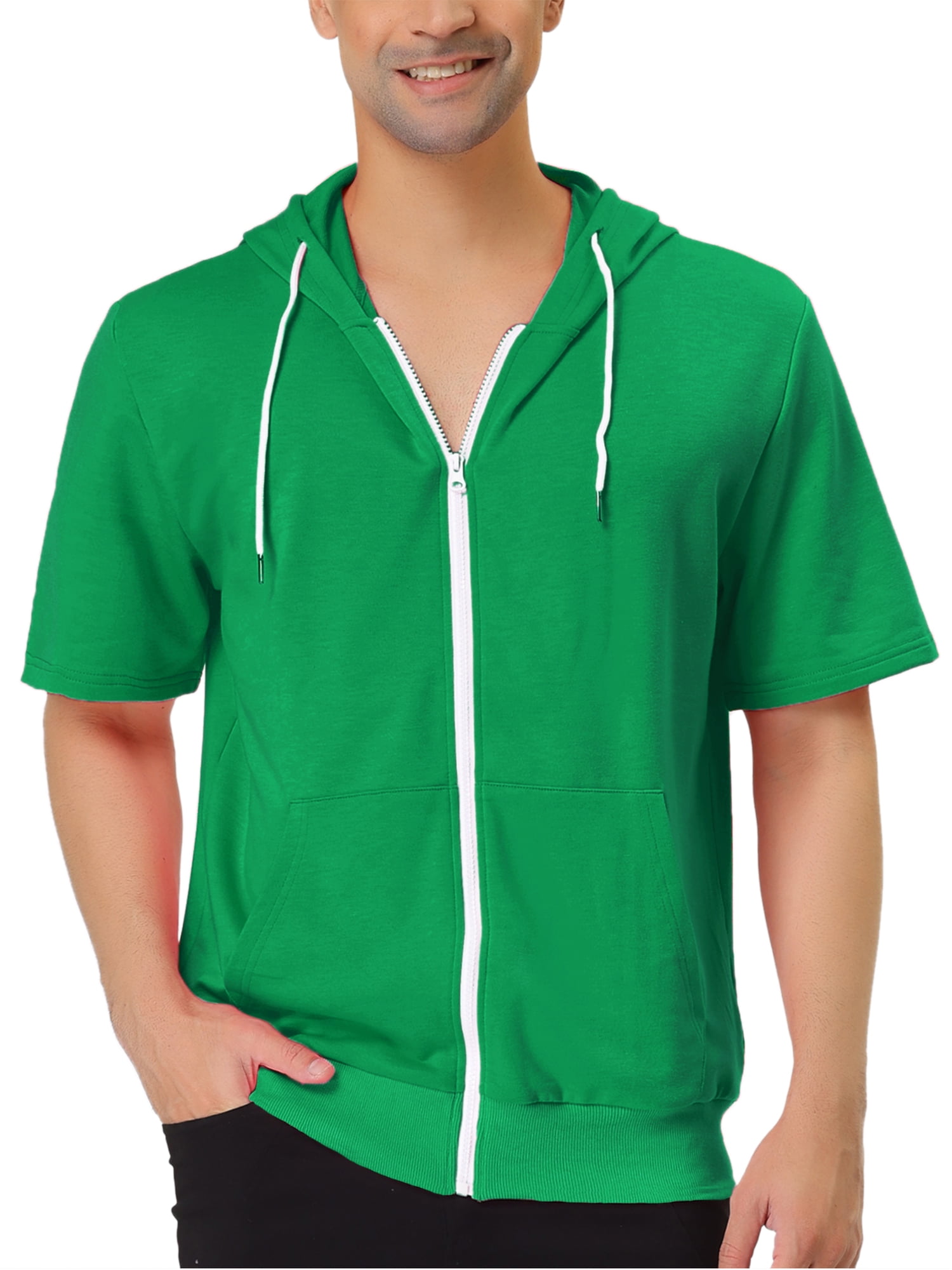 Unique Bargains Men's Short Sleeve Solid Color Zip Up Sport Hoodies M Bright Green