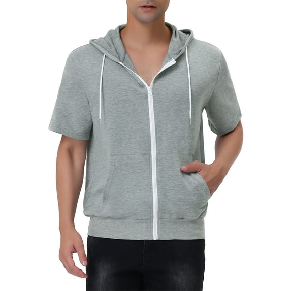 Unique Bargains Men's Short Sleeve Solid Color Zip Up Sport Hoodies M Gray
