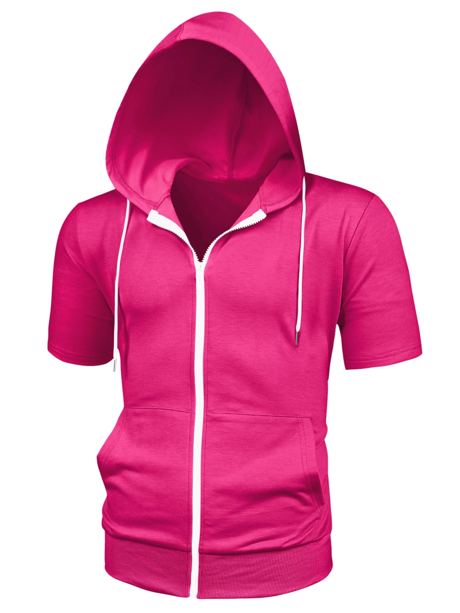 Unique Bargains Men's Short Sleeve Solid Color Zip Up Sport Hoodies M Rose Red
