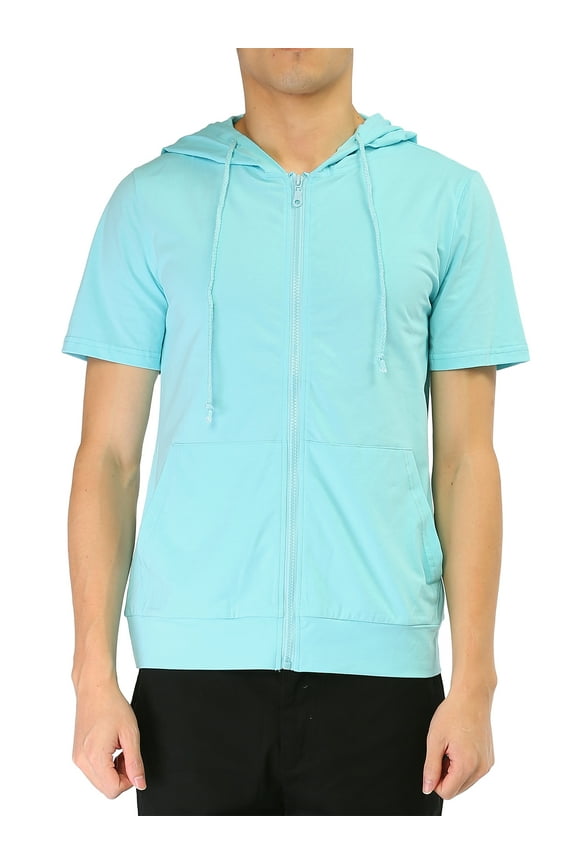 Men's Short Sleeve Solid Color Zip Up Sport Hoodies S Teal