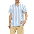 thumbnail image 1 of Unique Bargains Men's Short Sleeved Color Block Button Down Beach Stripe Shirt L Light Blue, 1 of 6
